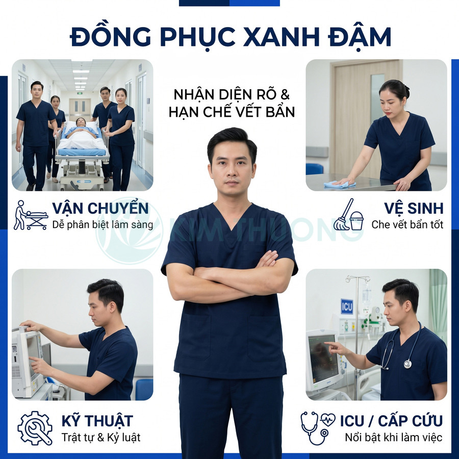 Đồng phục y tá bác sĩ màu xanh đậm tay ngắn cho nhân viên bệnh viện, phù hợp vận chuyển vệ sinh ICU